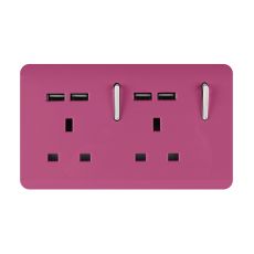 Trendi, Artistic 2 Gang 13Amp Switched Double Socket With 4X 2.1Mah USB Pink Finish, BRITISH MADE, (45mm Back Box Required), 5yrs Warranty