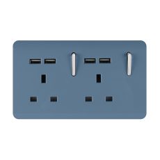 Trendi, Artistic 2 Gang 13Amp Switched Double Socket With 4X 2.1Mah USB Sky Finish, BRITISH MADE, (45mm Back Box Required), 5yrs Warranty