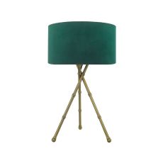 Bamboo 1 Light E27 Antique Brass Tripod Table Lamp With Inline Switch C/W Akavia Green Velvet Drum Shade With Self Coloured Cotton Lining