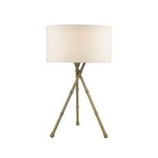 Bamboo 1 Light E27 Antique Brass Tripod Table Lamp With Inline Switch C/W Pyramid White Linen 35cm Drum Shade