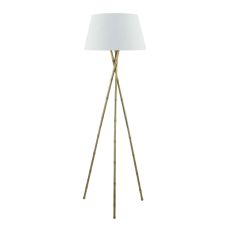 Bamboo 1 Light E27 Antique Brass Tripod Floor Lamp With Inline Foot Switch C/W Cezanne White Faux Silk Tapered 45cm Drum Shade