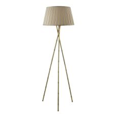 Bamboo 1 Light E27 Antique Brass Tripod Floor Lamp With Inline Foot Switch C/W Degas Taupe Faux Silk Tapered 45cm Drum Shade