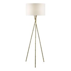 Bamboo 1 Light E27 Antique Brass Tripod Floor Lamp With Inline Foot Switch C/W Pyramid White Linen 46cm Drum Shade