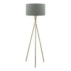 Bamboo 1 Light E27 Antique Brass Tripod Floor Lamp With Inline Foot Switch C/W Pyramid Grey Linen 46cm Drum Shade