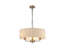 Banyan 3 Light Multi Arm Pendant, With 1.5m Chain, E14 Antique Brass With 45cm x 15cm Faux Silk Shade, Ivory Pearl/White Laminate