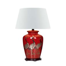 Bertha 1 Light E27 Red With Bird Detail Table Lamp With Inline Switch C/W Cezanne White Faux Silk Tapered 45cm Drum Shade