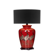 Bertha 1 Light E27 Red With Bird Detail Table Lamp With Inline Switch C/W Coco Black Cotton 42cm Drum Shade