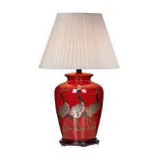 Bertha 1 Light E27 Red With Bird Detail Table Lamp With Inline Switch C/W Puscan Taupe Cotton Tapered 43cm Drum Shade