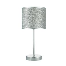 Bistro 1 Light E14 Polished Chrome Table Lamp With Touch Dimmer Base C/W Dazzling Silver Glitter Fabric Drum Shade