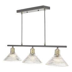 Boyd 3 Light E27 Antique Brass Adjustable Linear Pendant With Clear Glass Shades