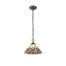 Calpe 2 Light Downlighter Pendant E27 With 30cm Tiffany Shade, White/Grey/Black/Clear Crystal/Aged Antique Brass