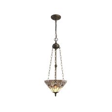 Calpe 3 Light Uplighter Pendant E27 With 30cm Tiffany Shade, White/Grey/Black/Clear Crystal/Aged Antique Brass