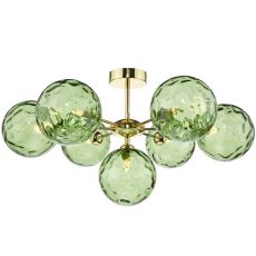 Cohen 7 Light G9 Polished Gold Semi Flush Fitting C/W Green Dimpled Glass Shades