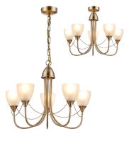 Cooper Ceiling 5 Light Pendant Convertible To Semi Flush E14 Antique Brass/Opal Glass