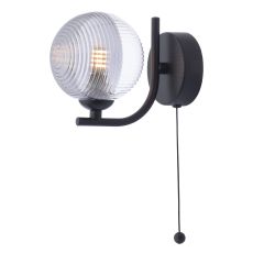 Cradle 1 Light G9 Matt Black Wall Light With Pull Switch C/W Smoked & Clear Ribbed Glass Shade