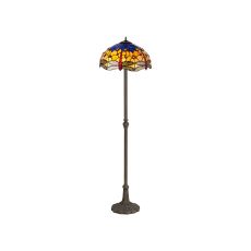 Crown 2 Light Leaf Design Floor Lamp E27 With 40cm Tiffany Shade, Blue/Orange/Crystal/Aged Antique Brass