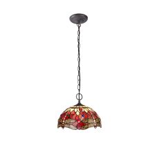 Crown 2 Light Downlighter Pendant E27 With 30cm Tiffany Shade, Purple/Pink/Crystal/Aged Antique Brass