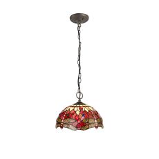 Crown 3 Light Downlighter Pendant E27 With 30cm Tiffany Shade, Purple/Pink/Crystal/Aged Antique Brass