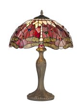Crown 2 Light Curved Table Lamp E27 With 40cm Tiffany Shade, Purple/Pink/Crystal/Aged Antique Brass