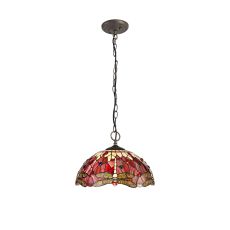 Crown 3 Light Downlighter Pendant E27 With 40cm Tiffany Shade, Purple/Pink/Crystal/Aged Antique Brass