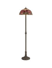 Crown 2 Light Leaf Design Floor Lamp E27 With 40cm Tiffany Shade, Purple/Pink/Crystal/Aged Antique Brass
