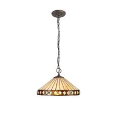 Dareham 3 Light Downlighter Pendant E27 With 40cm Tiffany Shade, Amber/Ccrain/Crystal/Aged Antique Brass