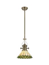 Sonoma 1 Light Pendant E27 With 30cm Tiffany Shade, Antique Brass/Green/Ccrain/Crystal