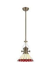 Sonoma 1 Light Pendant E27 With 30cm Tiffany Shade, Antique Brass/Red/Ccrain/Crystal