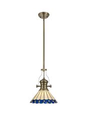 Sonoma 1 Light Pendant E27 With 30cm Tiffany Shade, Antique Brass/Blue/Ccrain/Crystal