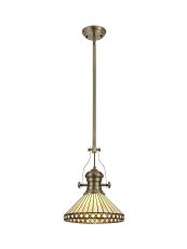Dareham 1 Light Pendant E27 With 30cm Tiffany Shade, Antique Brass/Amber/Ccrain/Crystal