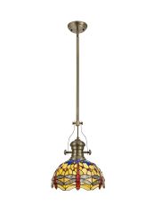 Crown 1 Light Pendant E27 With 30cm Tiffany Shade, Antique Brass/Blue/Orange/Crystal