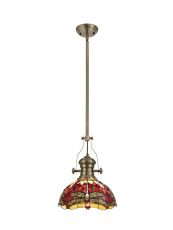 Crown 1 Light Pendant E27 With 30cm Tiffany Shade, Antique Brass/Purple/Pink/Crystal