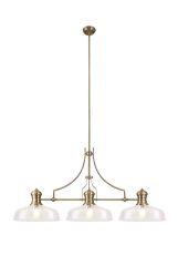 Davvid Linear Pendant With 38cm Flat Round Shade, 3 x E27, Antique Brass/Clear Glass