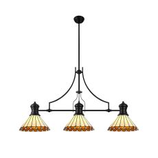 Sonoma 3 Light Linear Pendant E27 With 30cm Tiffany Shade, Matt Black, Amber, Ccrain, Crystal