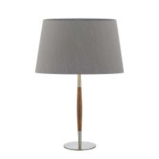 Detroit 1 Light E27 Satin Nickel With Walnut Detail Table Lamp With Inline Switch C/W Cezanne Grey Faux Silk Tapered 35cm Drum Shade
