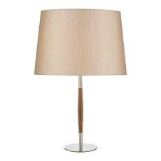 Detroit 1 Light E27 Satin Nickel With Walnut Detail Table Lamp With Inline Switch C/W Gustav Silver Faux Silk Tapered 36cm Drum Shade