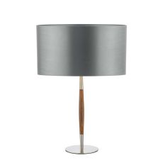 Detroit 1 Light E27 Satin Nickel With Walnut Detail Table Lamp With Inline Switch C/W Hilda Grey Faux Silk 35cm Drum Shade