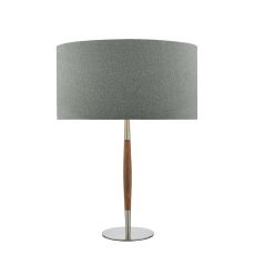 Detroit 1 Light E27 Satin Nickel With Walnut Detail Table Lamp With Inline Switch C/W Pyramid Grey Linen 35cm Drum Shade