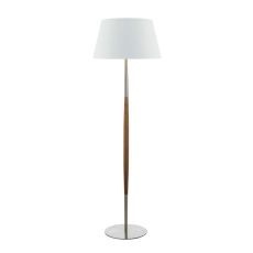 Detroit 1 Light E27 Satin Nickel With Walnut Detail Floor Lamp With Inline Foot Switch C/W Cezanne White Faux Silk Tapered 45cm Drum Shade