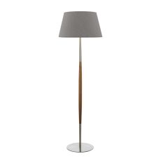 Detroit 1 Light E27 Satin Nickel With Walnut Detail Floor Lamp With Inline Foot Switch C/W Cezanne Grey Faux Silk Tapered 45cm Drum Shade