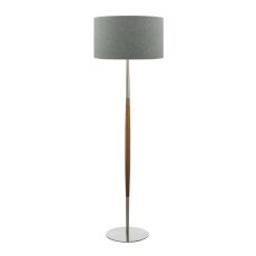 Detroit 1 Light E27 Satin Nickel With Walnut Detail Floor Lamp With Inline Foot Switch C/W Pyramid Grey Linen 46cm Drum Shade