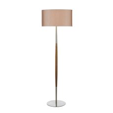 Detroit 1 Light E27 Satin Nickel With Walnut Detail Floor Lamp With Inline Foot Switch C/W Sabre Silver Faux Silk 45.5cm Oval Shade
