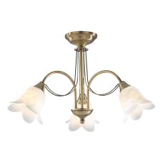 Doublet 3 Light E14 Antique Brass Semi Flush Fitting With Opaque Alabaster Glass Shades