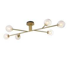 Duri 6 Light G9 Satin Brass Semi Flush Ceiling Light With Clear Ribbed & Frosted Glass Globe Shades