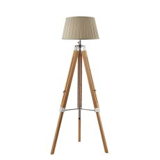 Easel 1 Light E27 Hight Adjustable Tripod Floor Lamp Light Wood With Polished Chrome C/W Degas Taupe Faux Silk Tapered 45cm Drum Shade
