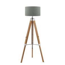 Easel 1 Light E27 Hight Adjustable Tripod Floor Lamp Light Wood With Polished Chrome C/W Pyramid Grey Linen 46cm Drum Shade