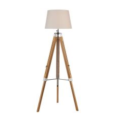 Easel 1 Light E27 Hight Adjustable Tripod Floor Lamp Light Wood With Polished Chrome C/W Puscan Cream Cotton Tapered 45cm Drum Shade