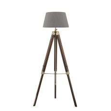 Easel 1 Light E27 Height Adjustable Tripod Floor Lamp Dark Wood With Antique Brass C/W Cezanne Grey Faux Silk Tapered 45cm Drum Shade