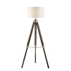 Easel 1 Light E27 Height Adjustable Tripod Floor Lamp Dark Wood With Antique Brass C/W Pyramid White Linen 46cm Drum Shade