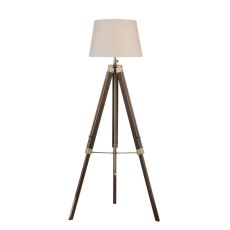 Easel 1 Light E27 Height Adjustable Tripod Floor Lamp Dark Wood With Antique Brass C/W Puscan Ccrain Cotton Tapered 45cm Drum Shade